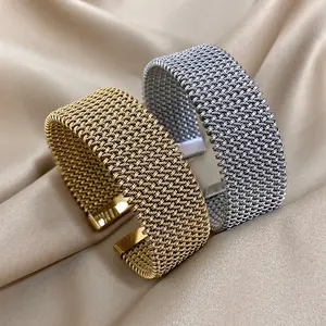 Wide Woven Mesh Cuff Bracelet for Women, Chunky Braided Open Bangle, Vintage Gold & Silver Statement Jewelry Gift permanent