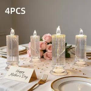 Set of 4 transparent artificial electronic candles with flickering lights; battery-powered; perfect as a romantic and cozy night light for Mother’s Day; ideal for parties, birthdays, weddings, celebrations, Christmas, home decor, and party decorations