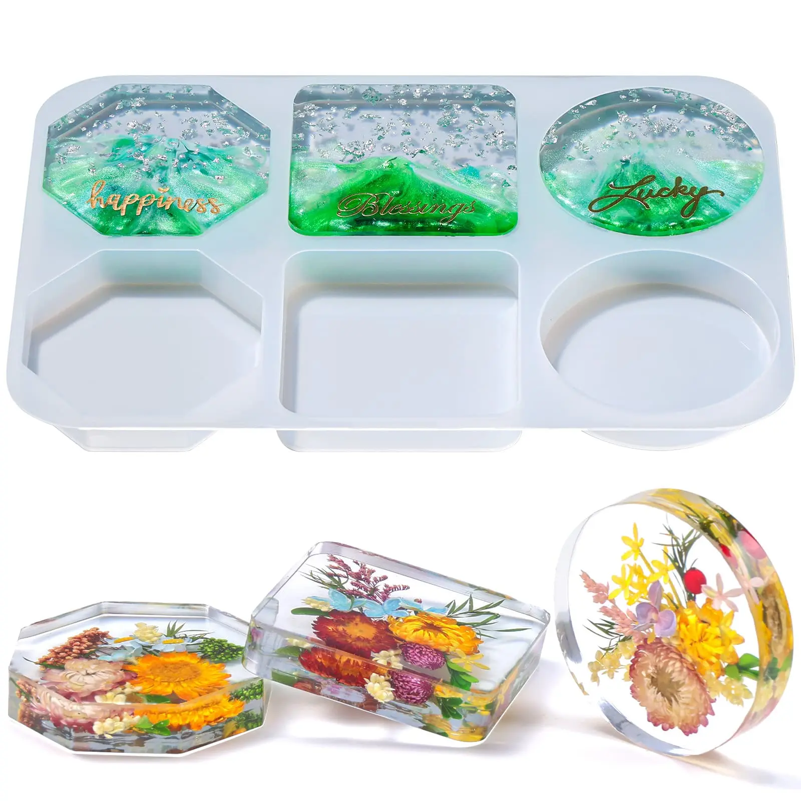 Extra Deep Coaster Resin Molds, 6 Cavity Round/Square/Octagon Shape Silicone Molds for Epoxy Resin, Flower Preservation, DIY Art Craft Cup Mats - LETS RESIN