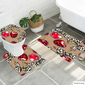 1/3Pcs Cartoon Cherries with Leopard print Bows Bathroom Mat Set, Flannel Non Slip Bath Rug, Toilet U-Shape Mat, Toilet Lid Cover, Thickened Soft Absorb Water, Microfiber Surface Memory Foam Cushion, Home Bathro