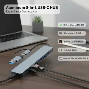 USB C Hub USB Hub 3.0, Aluminum 8 in 1 USB Extender with SD/TF Card Reader, 3.5mm Aux Headphone Jack for MacBook Pro Air and More PC/Laptop/Tablet Devices