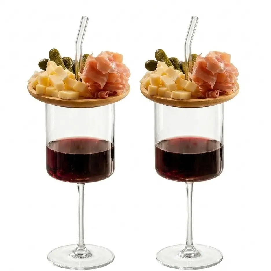 2pcs Glass with Charcuterie Board and Straw Combo Cocktail Champagne Wine Tasting Appetizer Snack Plates for Home Hosting Holiday Gatherings Girl's Night Mother's Day Gift