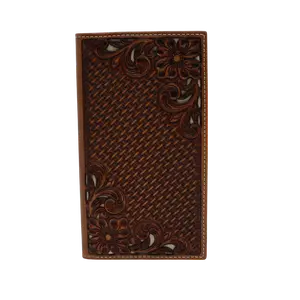 Nocona Brown Basket Weave Floral Tooled Rodeo Checkbook Wallet