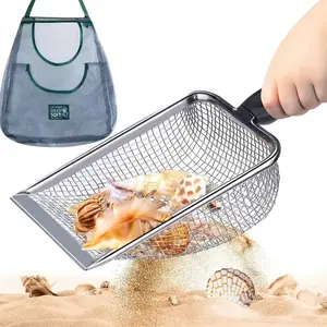 Beach Mesh Shovel with Mesh Beach Bag, Filter Sand Scooper for Picking Up Shells, Shark Tooth Sifter Dipper Beach Toy Storage