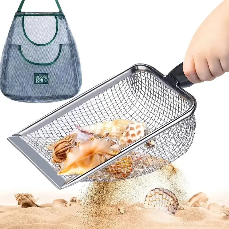Beach Mesh Shovel with Mesh Beach Bag, Filter Sea Sand Scooper, Sand Sieve for Picking Up Shells, Shark Tooth Sifter Dipper Beach Toy Storage