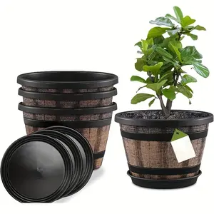 6 Piece Set 8.07 Inch Flower Pots, Vintage Whiskey Barrel Design, Plastic Decorative Planters with Drainage Holes and Trays, Indoor Outdoor Use