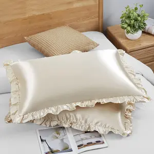 Ruffled Queen Satin Pillowca t of 2, Beige Silky Satin Pillow Cas for Women Ruffle Pillow Shams Covers Princess Room Decoration, with Envelope Closure