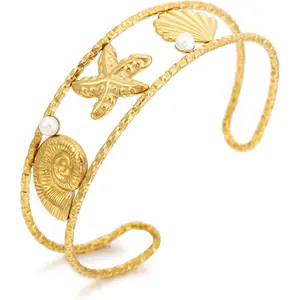 Women's Starfish-Seashell Casual Cuff Bangle, Summer Theme Fashion Costume Jewelry Bracelet