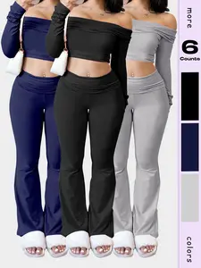 Fashion Casual Two-Piece Set, Women's Sexy Sweet Off-Shoulder Top with Flared Long Pants, Stylish for Daily Wear
