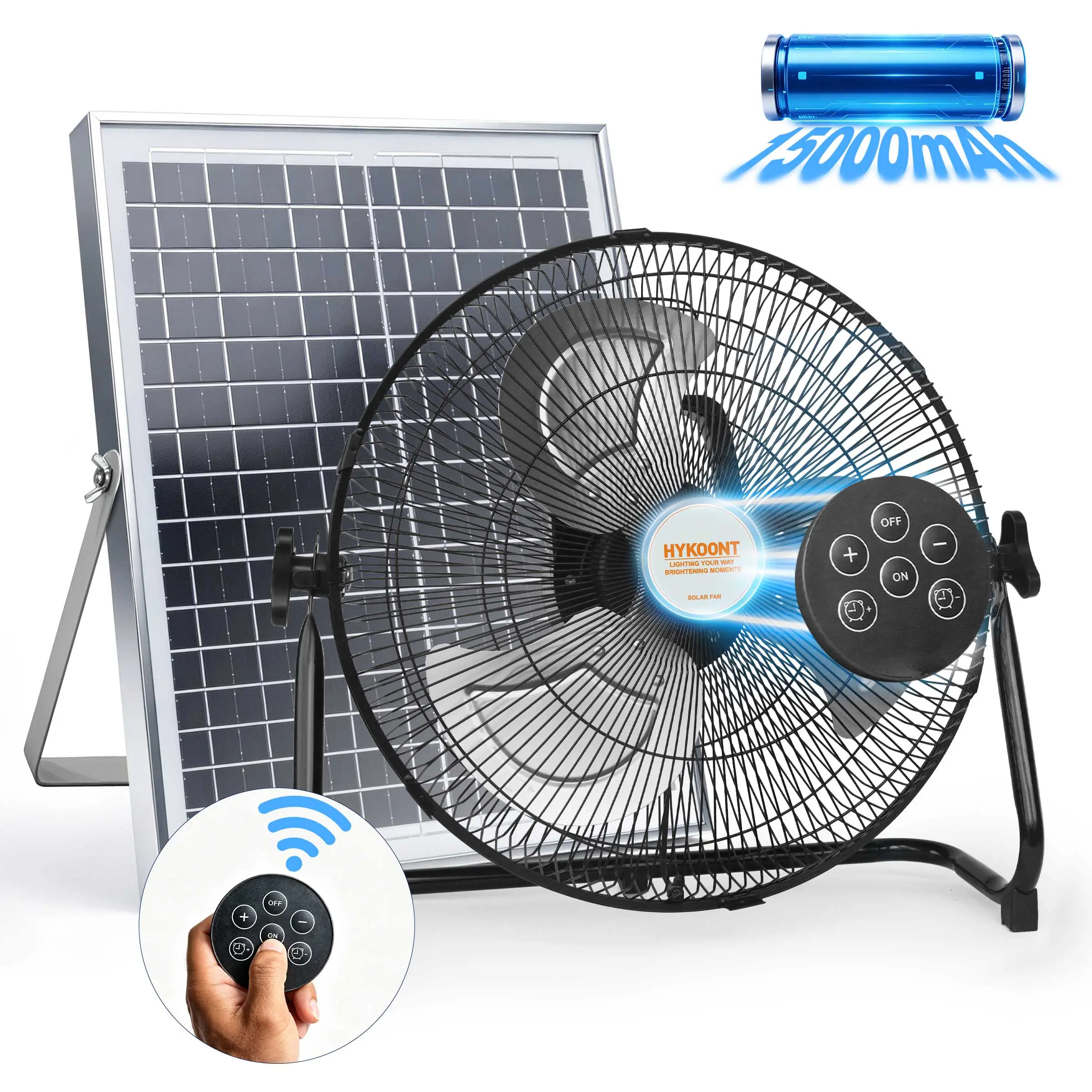HYKOONT 14'' Portable Solar Powered Floor Fan, Cordless Camping Fan Outdoor, Long Lasting Rechargeable Battery Operated Fan, 360° Tilt, USB Output, Wireless, for Home Gazebo Greenhouse Outside Gym