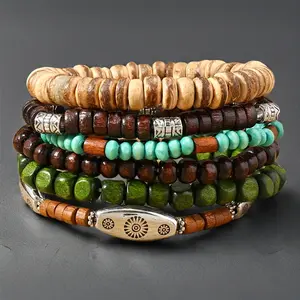 6pcs Set of Coconut Wood Bead Elastic Cord Minimalist Bohemian Style Men's Bracelet Bangle