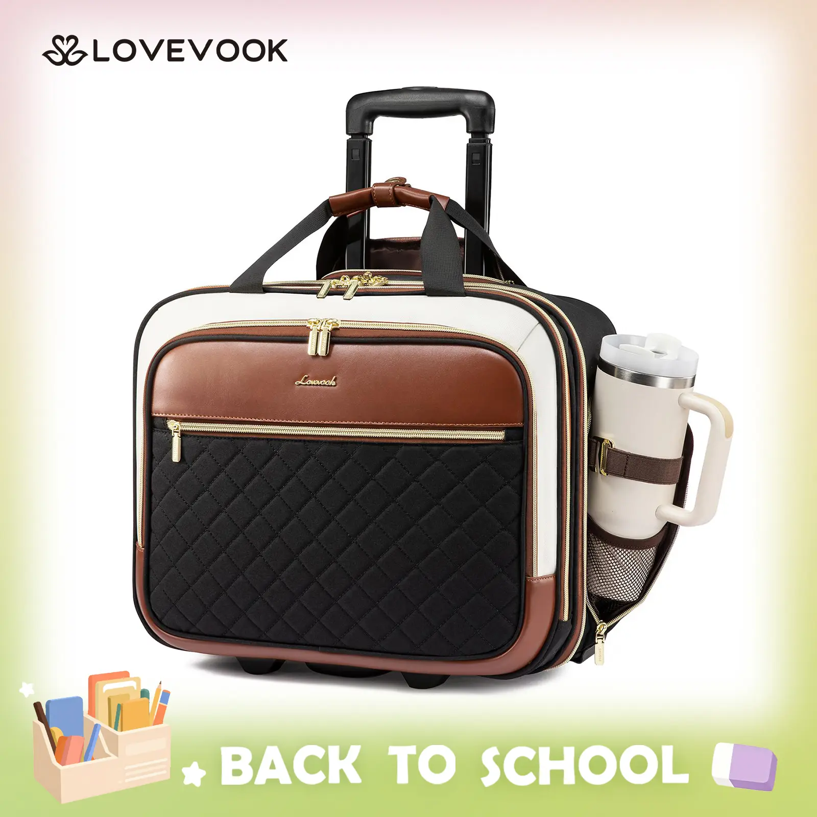 LOVEVOOK Rolling Laptop Bag Women, 17.3 Inch Laptop Briefcase with Wheels, Soft Sided Underseat Carry On Luggage Personal Item Suitcase for Work Travel Business, Black Brown TikTokShopBackToSchool TikTokShopBackToSchool