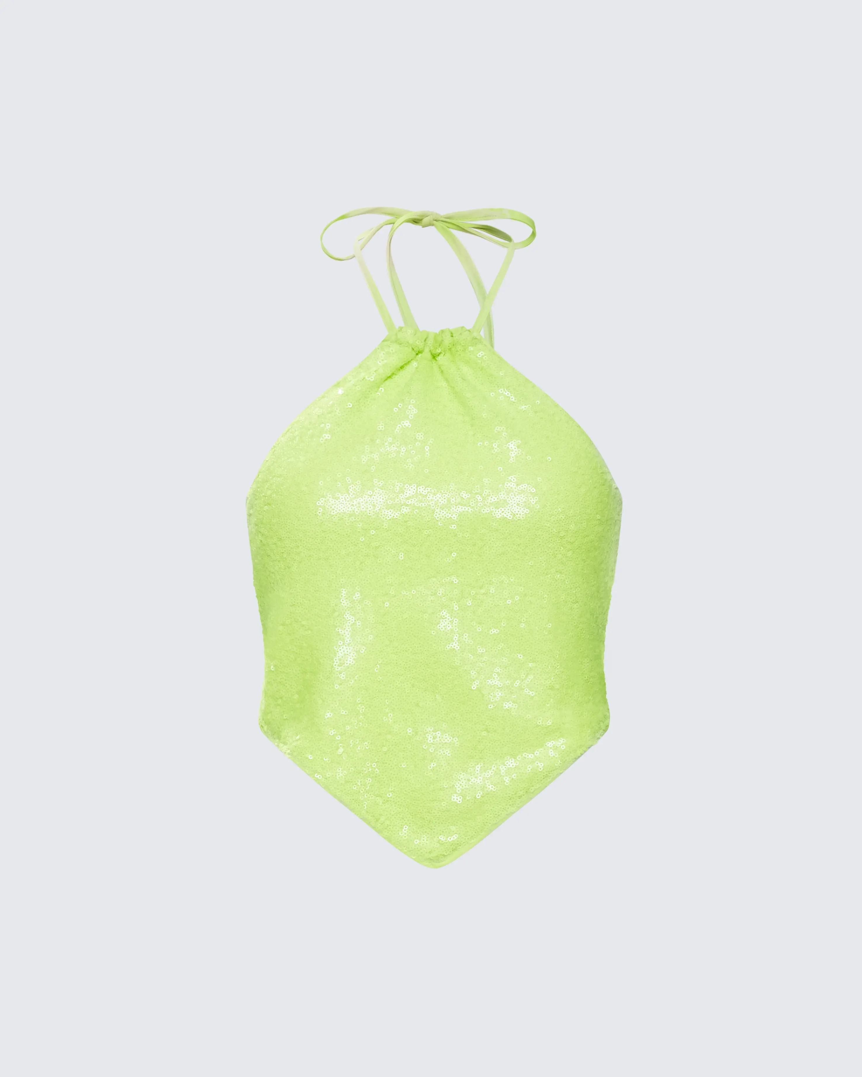 Halter Blouse in Neon Green Sequins, Cropped Polyester Evening Wear with a Tie-Neck and Pointed Hem, Fit, Shirts, Women, Short Cropped, Sequin Polyester, Sleeveless, Festival Wear, Sequin Full