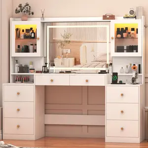 62" Large Vanity Desk w/ Tempered Glass Top,60000-color LED Lights,Power Outlet, Make up Vanity w/ 3 Lights Mode LED Mirror,2 RGB Cabinet LED Vanity Table for Women,Girls (White/Black)