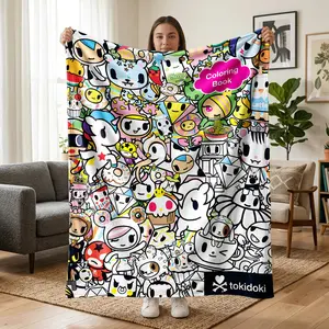 1 pc Tokidoki IP-themed flannel blanket, all-over print featuring iconic cartoon characters and colorful streetwear elements, street-style design. Soft, warm, and comfortable—a versatile gift blanket suitable for sofas, beds, offices, shawls, camping, and