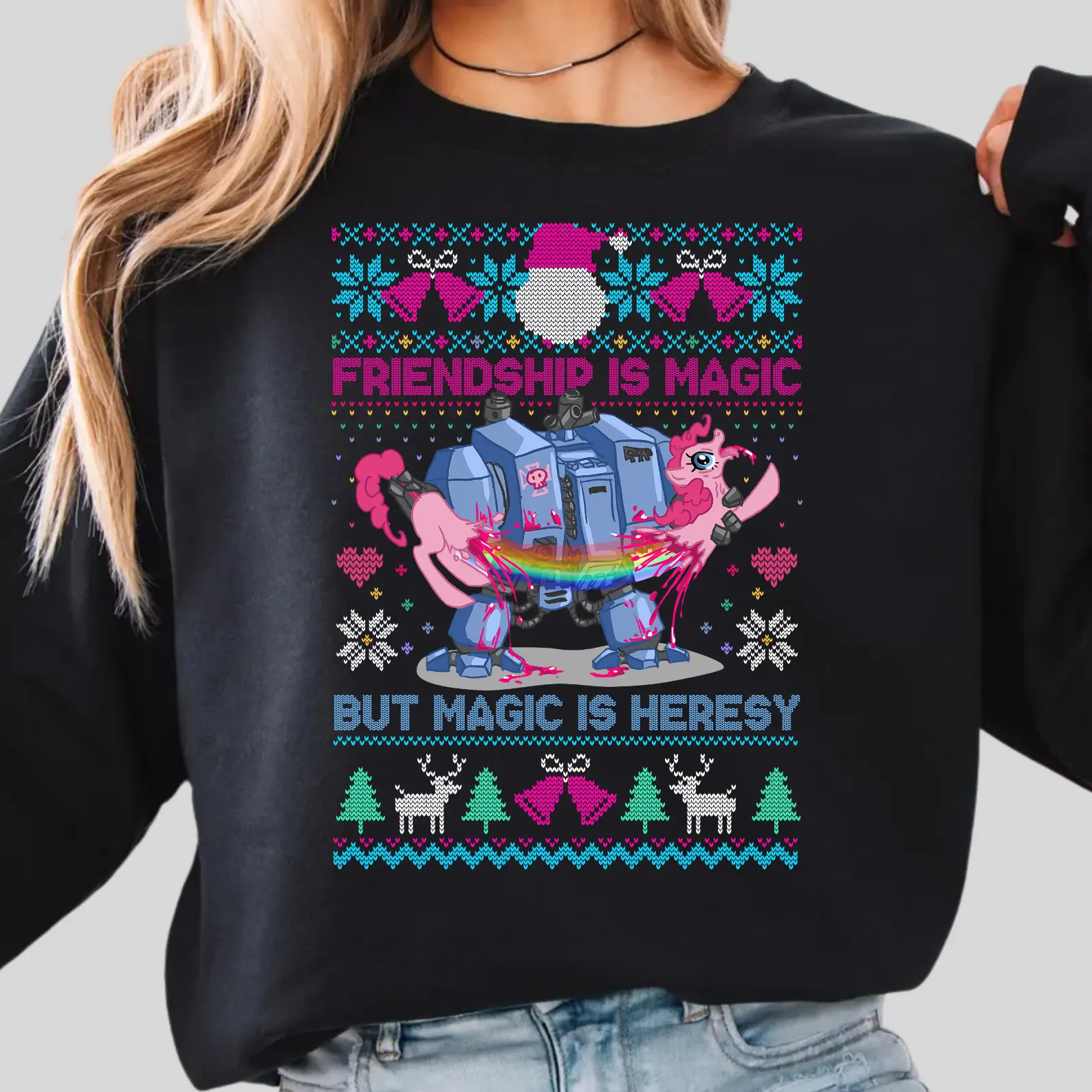 Friendship Is Magic But Magic Is Heresy Shirt, W4rh4mm3r x P0ny Ugly Christmas Sweatshirt, Unisex Sweatshirt Hoodie