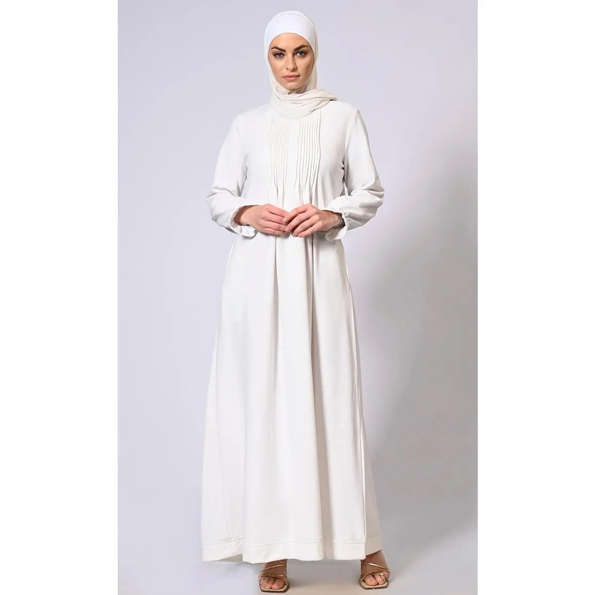 White Pleated Front Abaya with Elastic Cuff Sleeves