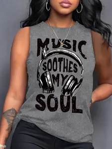 Women's Summer Casual Loose-Fitting Tank Top, Soft Comfortable Home Wear with Headphone and Letter Print, Must-Have for Relaxing