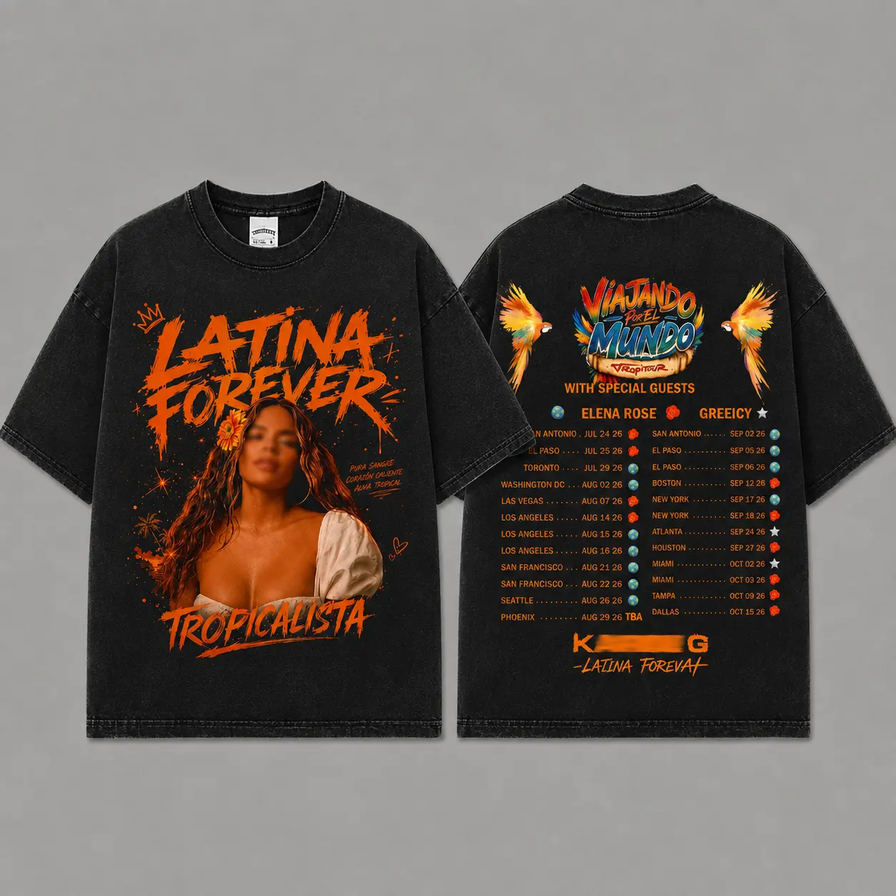 Tropicalista Latina Forever Graphic Washed Tee, Viajando por el Mundo Concert Tour Washed Hoodie, Latin Pop Fan Shirt, Black Oversized Streetwear Merch, Gift For Friends