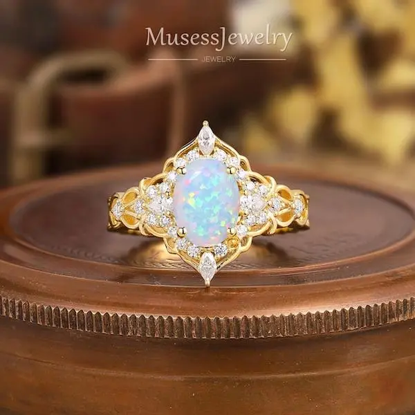 Oval White Fire Opal Engagement Ring, Halo Cluster Design