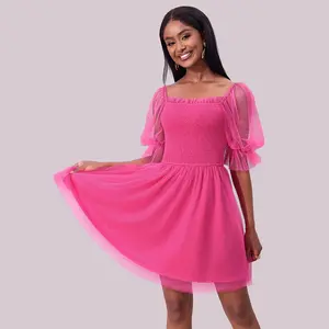 Joyfunear Hot Pink Mesh Smocked Off Shoulder Puff Sleeve A-Line Mini Dress