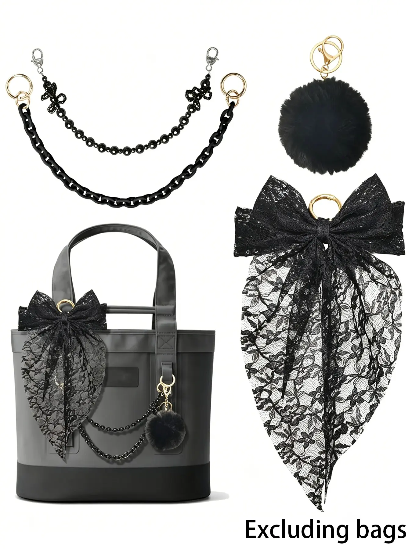 4-Piece Lace Bag Decor Set, Lace Bow Beaded Chain, Acrylic Chain, Fuzzy Ball, Lace Bow Scarf, Universal Handbag Bucket Bag Charm, Bag Decorative Chain, Purse Charms