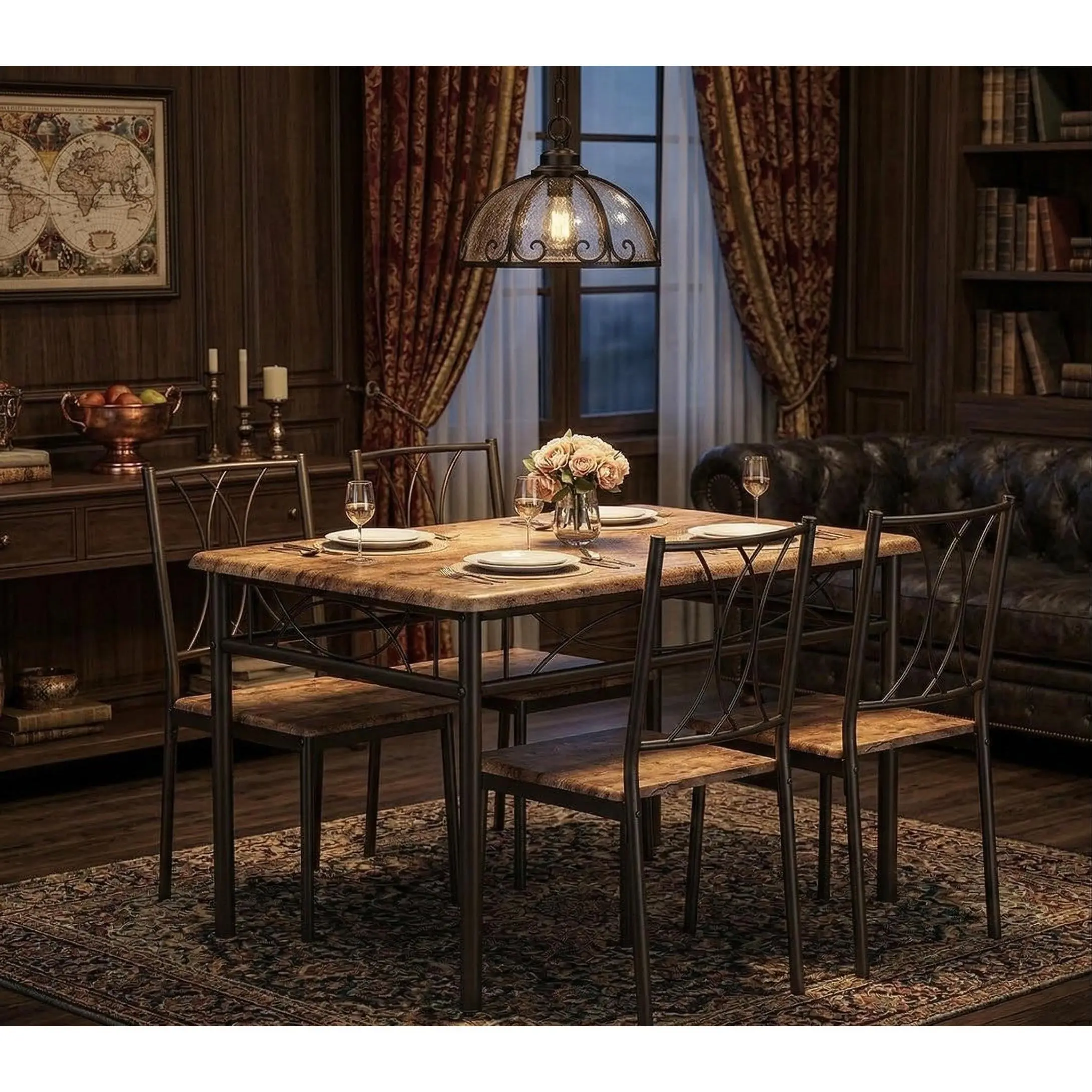 Garvee 5-Piece Classic Ergonomic Wood Indoor Furniture Set - Rustic Brown-Matte Black Space-Saving Rounded Edge Safe Rectangle Dining Table with 4 Chairs, Fast Wipe-Clean, for 4 People, Compact Studio Apartments, Small Bistro Set
