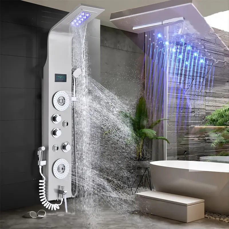 Stainless Steel LED Shower Panel Tower System Sets for Home Users - LED Display, Rainfall Waterfall Shower Head, 6-Mode Faucet, 2-Mode Massager Body Jets, Corrosion-Resistant Luxury Nickel Handheld Shower, Tub Spout, Brushed Nickel & Matte Black Finish, 6