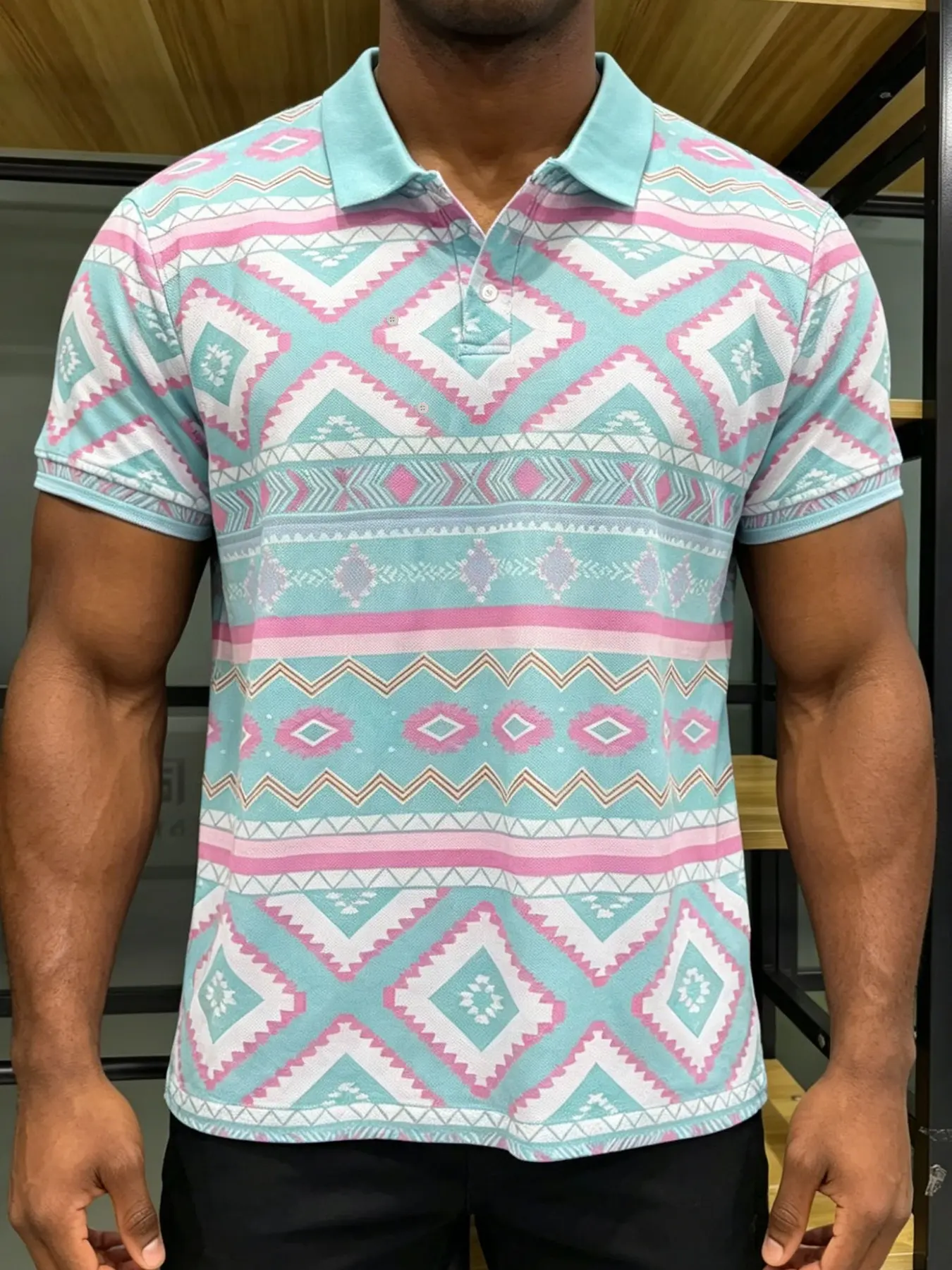 Men's stylish retro tropical geometric pattern printed short-sleeved polo shirt, top, made of polyester fabric, lightweight and breathable for sports and casual wear, Summer Polo Shirt, Menswear, Casual Polo Shirts