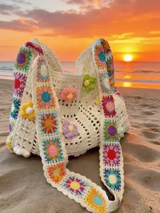 Beige Hollow Knit Flower Tote Bag, Handmade 3D Floral Crochet Shoulder Bag, Large Capacity Breathable Beach Bag for Vacation & Daily Use, Boho Aesthetic Handbag for Women, Unique Bags