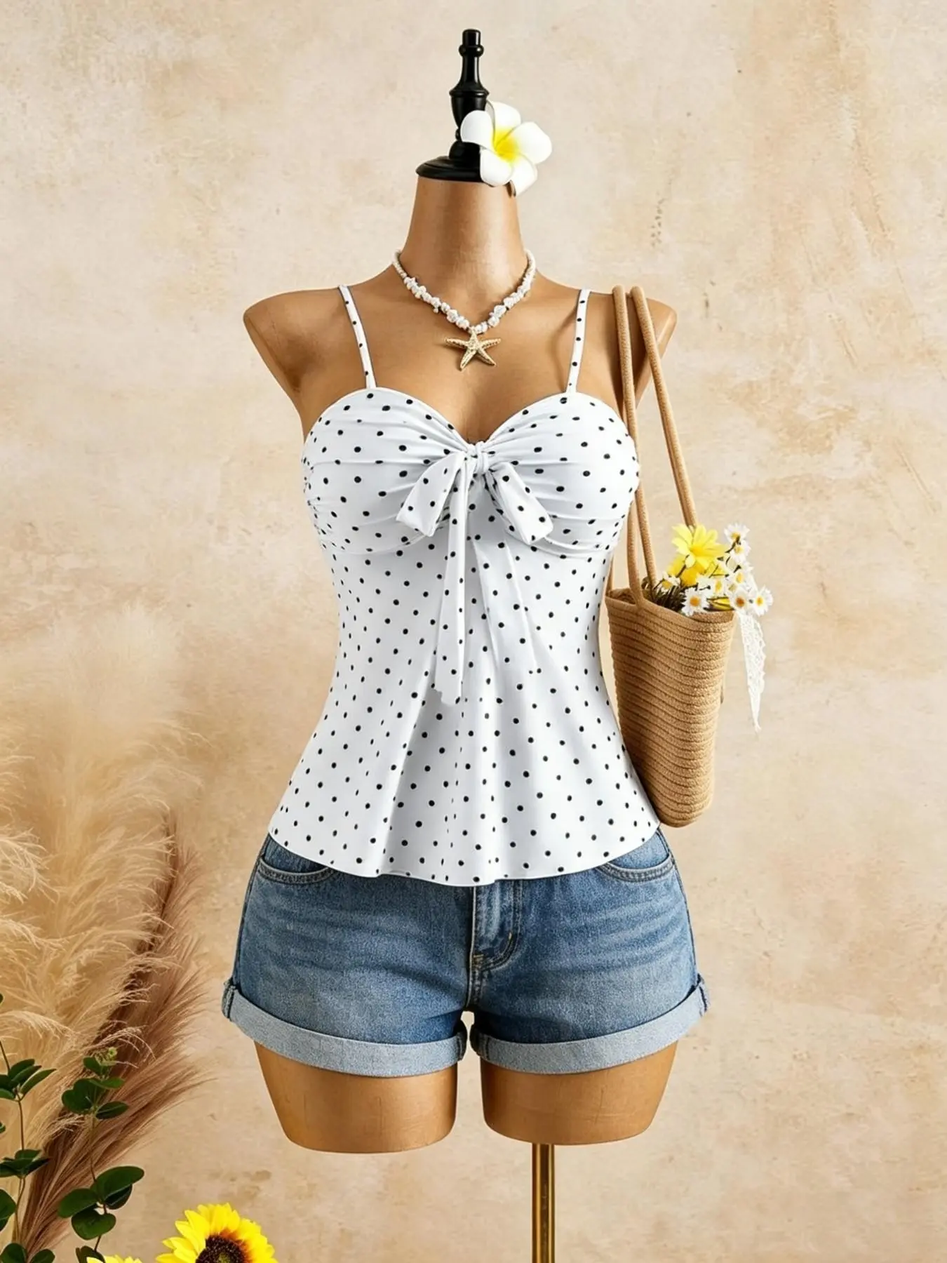 Sweet Summer Casual Style Women's Polka Dot Thin Strap Spaghetti Strap Cool Sleeveless Bowknot Tank Top, Chest Tie Bow Design, Fashionable and Comfortable Apparel