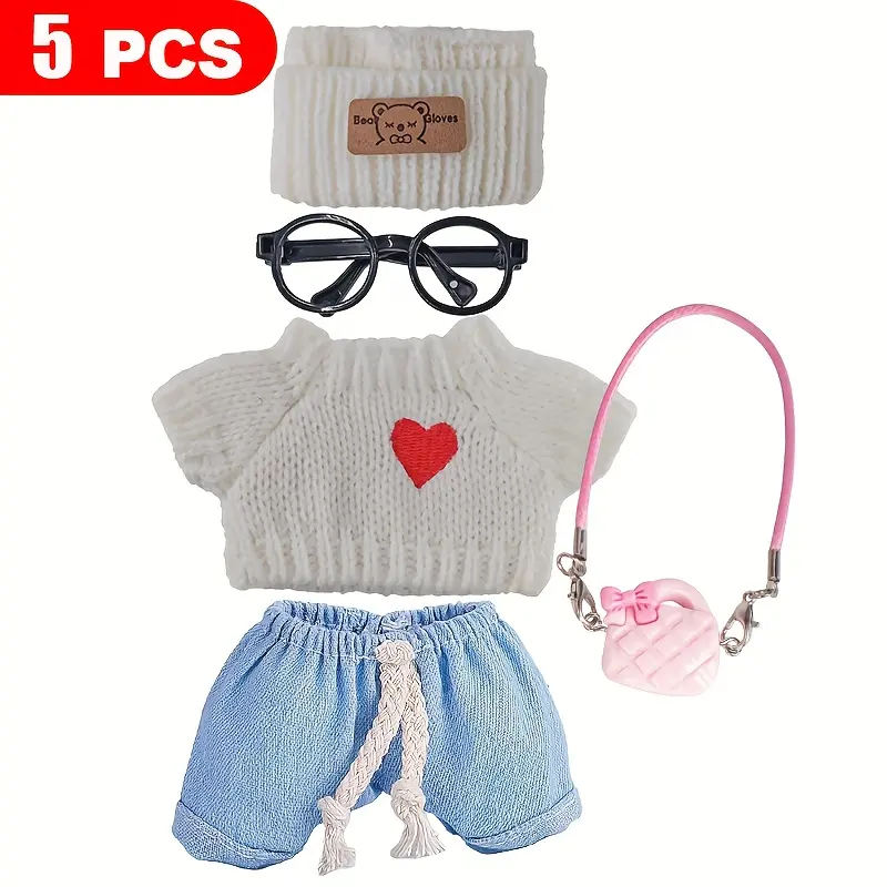 6.69-Inch Labubu Doll Polyester Cute Accessory 5-Piece Mixed Outfits Set - Heart Sweater, Pants, Hat - Unisex Toy Accessory for Play & Display, 3+ Years