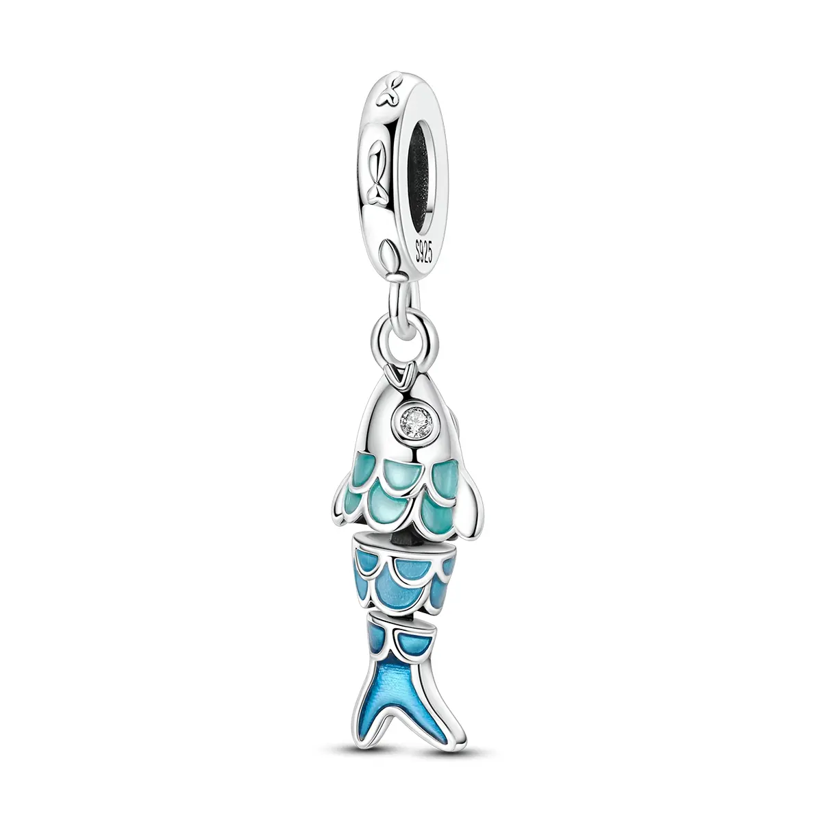 MULA Articulated Koi Fish Stylish Playful Charm for Women, Silver-Plated Pendant with Zirconia, Gradient Blue Enamel & Cubic Zirconia, 4.5mm Hole, Fits Pandora Bracelets, Daily Wear Charms & Pendants, Animal