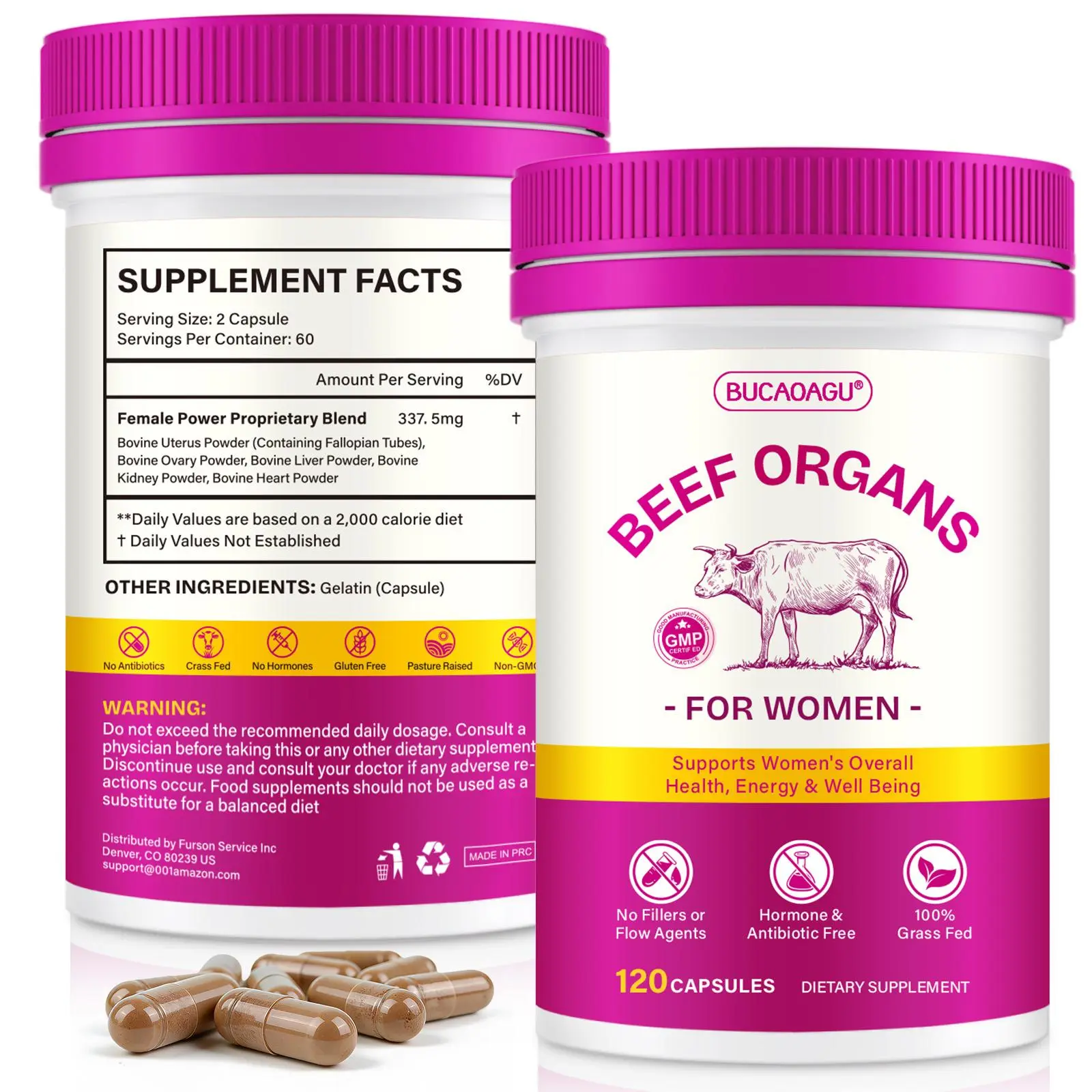 Women's 6-in-1 Beef Organs Dietary Vitamin Supplement - Uterus, Ovary, Liver, Kidney, Heart Whole Food Vitamin for Hormone Balance, Energy, Healthy Aging*, Non-GMO, 120 Capsules (60-Day Supply) - Self-Care Gift for Mom