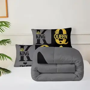 3pcs King & Queen Couple's Comforter Set - Black & Gold Printed Bedding | 1 Comforter + 2 Pillowcases | Soft, Breathable, All-Season Comforter for Bedroom & Dorm Decor