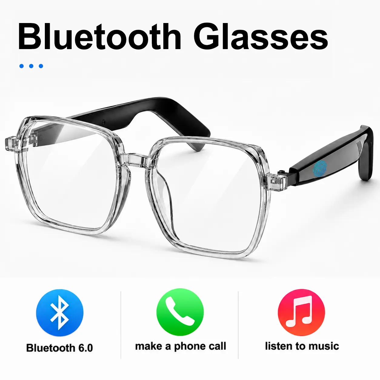 Plastic Multifunctional Casual Smart Glasses - Wearable Wireless Audio Eyewear with Open-Ear Audio, Built-in Microphone & Speaker, Hands-Free Calling, Music Playback, Touch Controls, Voice Assistant for Driving, Outdoor Use