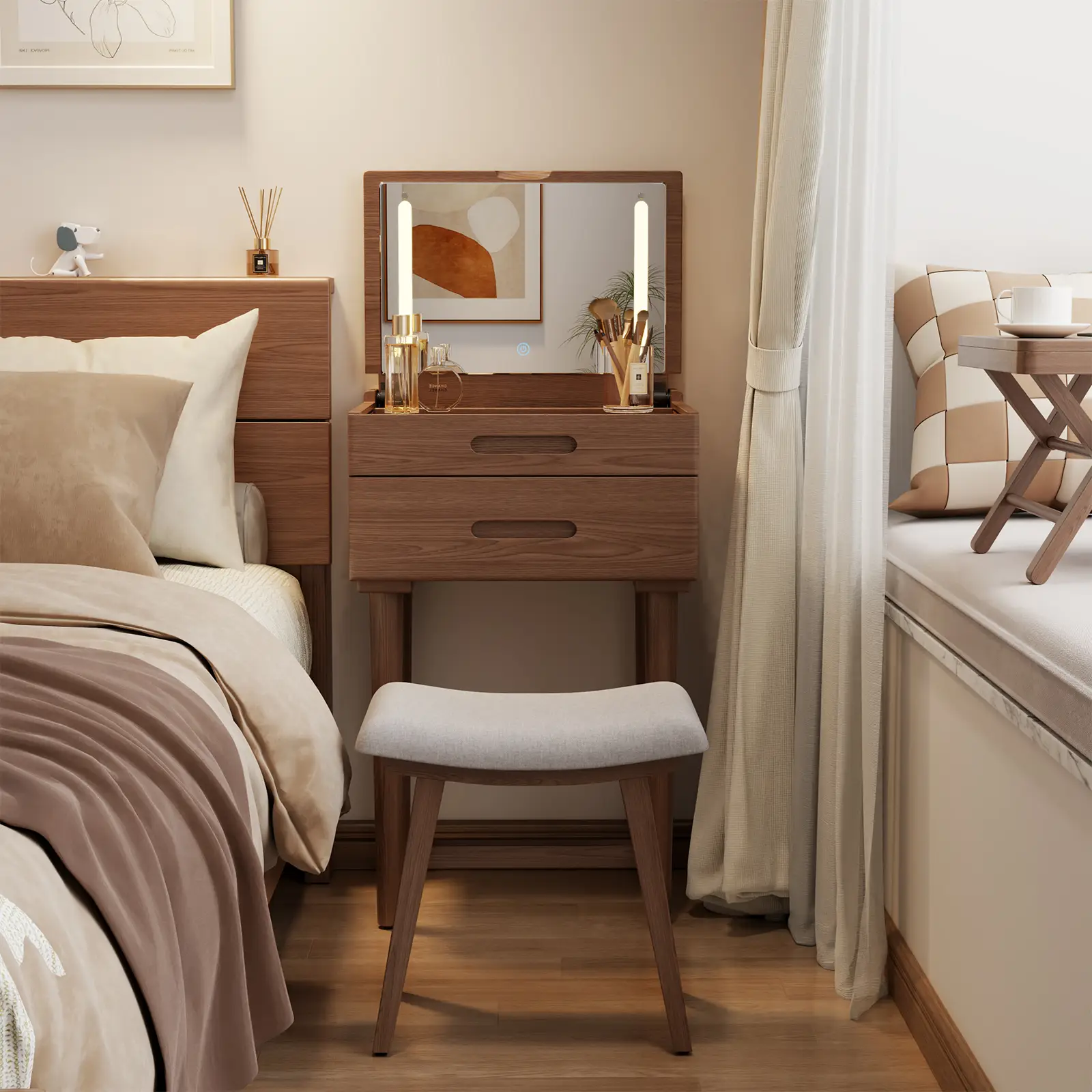 【Summer】Solid Wood Small Vanity Desk with Plip Top Mirror & Lights, Kaslandi Small Makeup Vanity with Drawers, Adjustable Brightness, Integrated Vanit