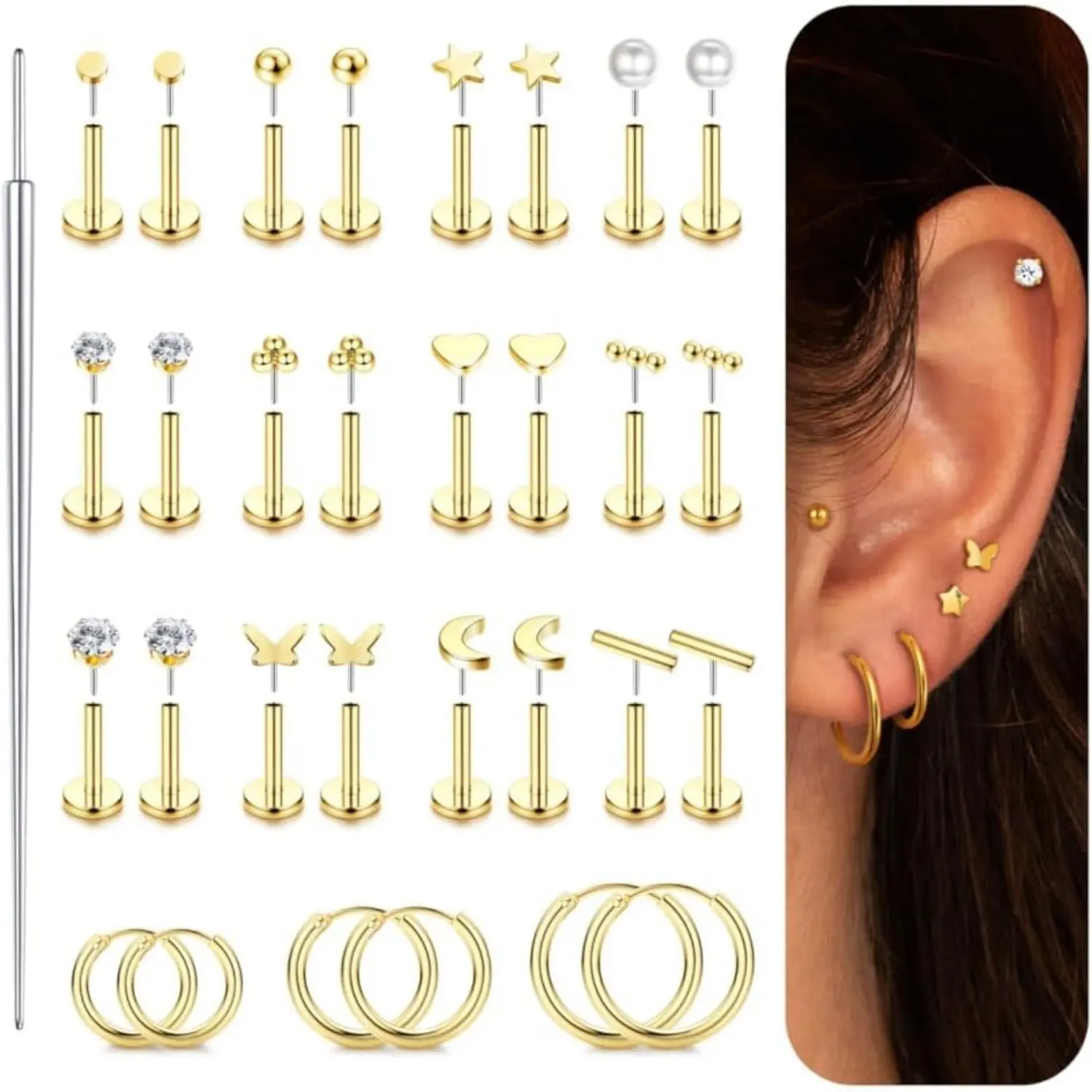 Exquisite Hypoallergenic Surgical Steel Flat Back Earrings Push-in Studs for Women Men 14K Gold Plated Threadless Hoop Cartilage Piercing Jewelry Set