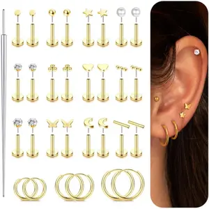 Exquisite Small Flat Back Earrings,Push in Stud Earrings for Women Men,Hypoallergenic 14K Gold Plated Surgical Stainless Steel Threadless Earring,Flatback Stud Hoop Cartilage Earring Set for Multiple Piercing
