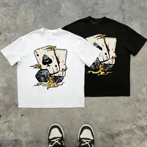 Men’s black suit-themed skull dice flame playing card graphic 100% cotton T-shirt, dark gothic street style, TikTok 2025 trend, loose oversized fit, urban avant-garde streetwear casual short sleeves, a must-buy under $10.