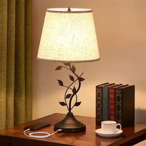 Rechargeable Night Light for Living Room Bedroom Bulb Not Include Retro Style Table Lamp with USB-A and USB-C Ports Iron Base Linen Shade