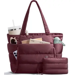 Bagstellar Puffer Tote Bag for Women with Makeup Bag, Large Work Tote Laptop Bag, Lightweight Travel Tote Bag with Zipper Gifts for Women Teacher Nurse Quilted Shoulder Organiser for School Gym