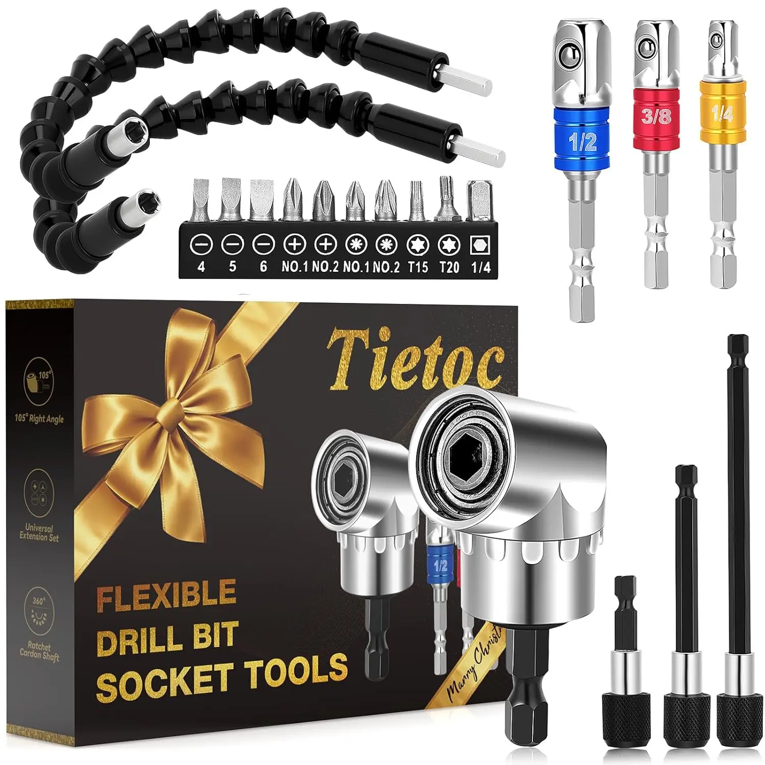 19pcs Flexible-Drill-Bit-Extension Set,Bendable Drill Extension Screwdriver Bit Kit,1/4 3/8 1/2" Universal Socket Adapter Set,Hex Shank 105 ° Right-Angle-Drill-Attachmen, Mens Gifts Christmas