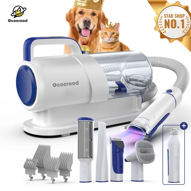 Geoorood Dog Grooming All-in-One Kit with Vacuum Brush 2.2L Large Pog Stainless Steel Blades Lightweight Design 10KPa Suction Force Portable Cleaning Set