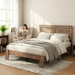 【Timbercrest Wood】Fansace Wood queen Bed Frame with Headboard, Rustic Farmhouse Platform Bed Frame with 12 Wood Slats Support, No Box Spring Needed, Easy Assembly twin