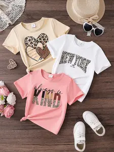 Toddler Girl's Heart & Letter Print Tee, Casual Short Sleeve Round Neck T-shirt for Summer, Kids Clothes for Daily Wear, Cute Tops, Girly Tops, Graphic Print Top