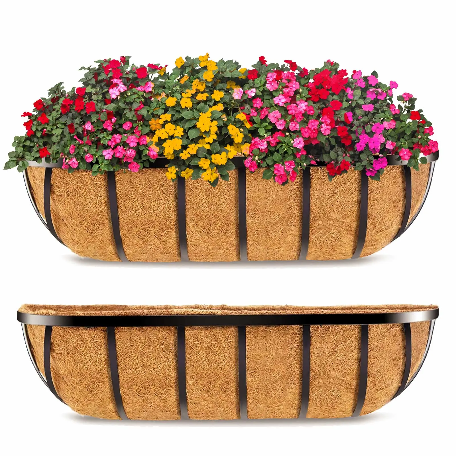 Deck Railing Planter Boxes for Plants (24 Inch, 2 Pack) Black Metal Wall Planters for Outdoor Plants, Window Flower Box Deck Railings with Coco Liner, Fence Balcony Patio Porch Over Rail