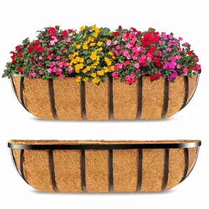 Deck Railing Planter Boxes for Plants (24 Inch, 2 Pack) Black Metal Wall Planters for Outdoor Plants, Window Flower Box Deck Railings with Coco Liner, Fence Balcony Patio Porch Over Rail