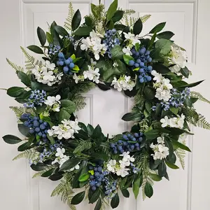 Year Round Spring Summer Wreath, Blue Wildflowers, Blueberries & Hydrangea Door Decoration, Beautiful Floral Home Decor