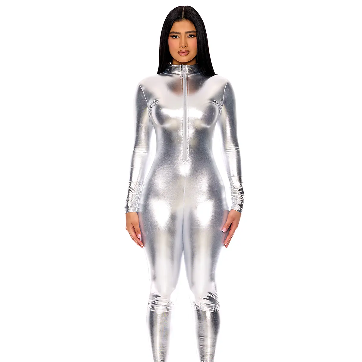 Forplay Women's Halloween Metallic Mock Neck Zipfront Sexy Catsuit